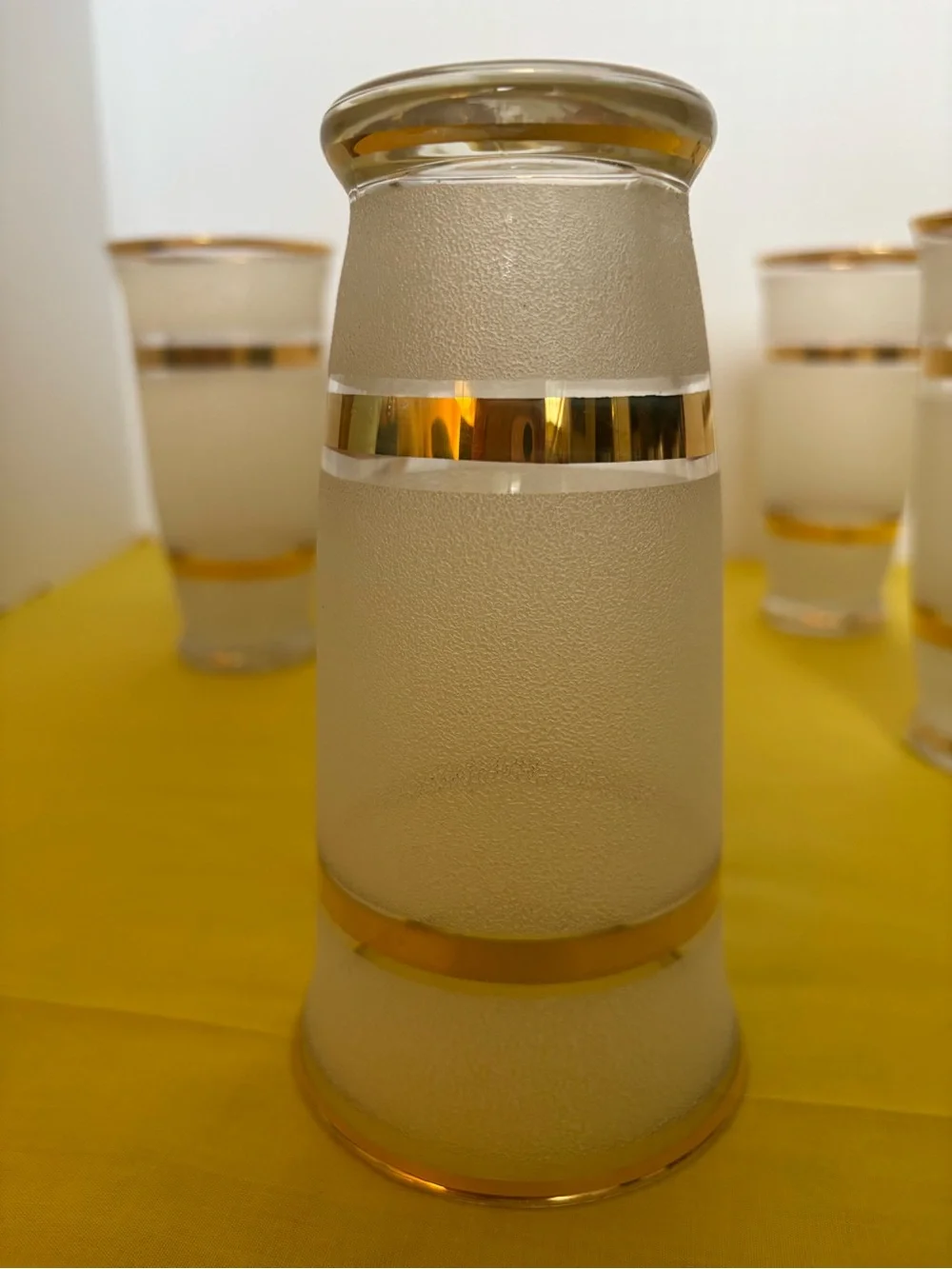 Vintage Gold-Rimmed Frosted Glass Tumbler Set and ice bucket Home Dining